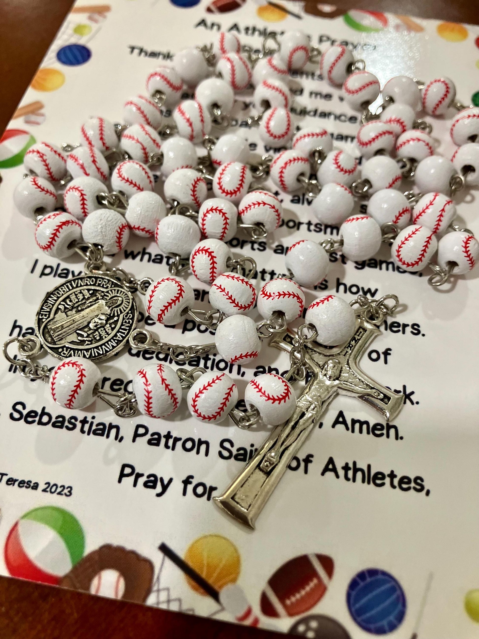 Baseball Rosary and Athlete's Prayer Card, Saint Benedict Rosary