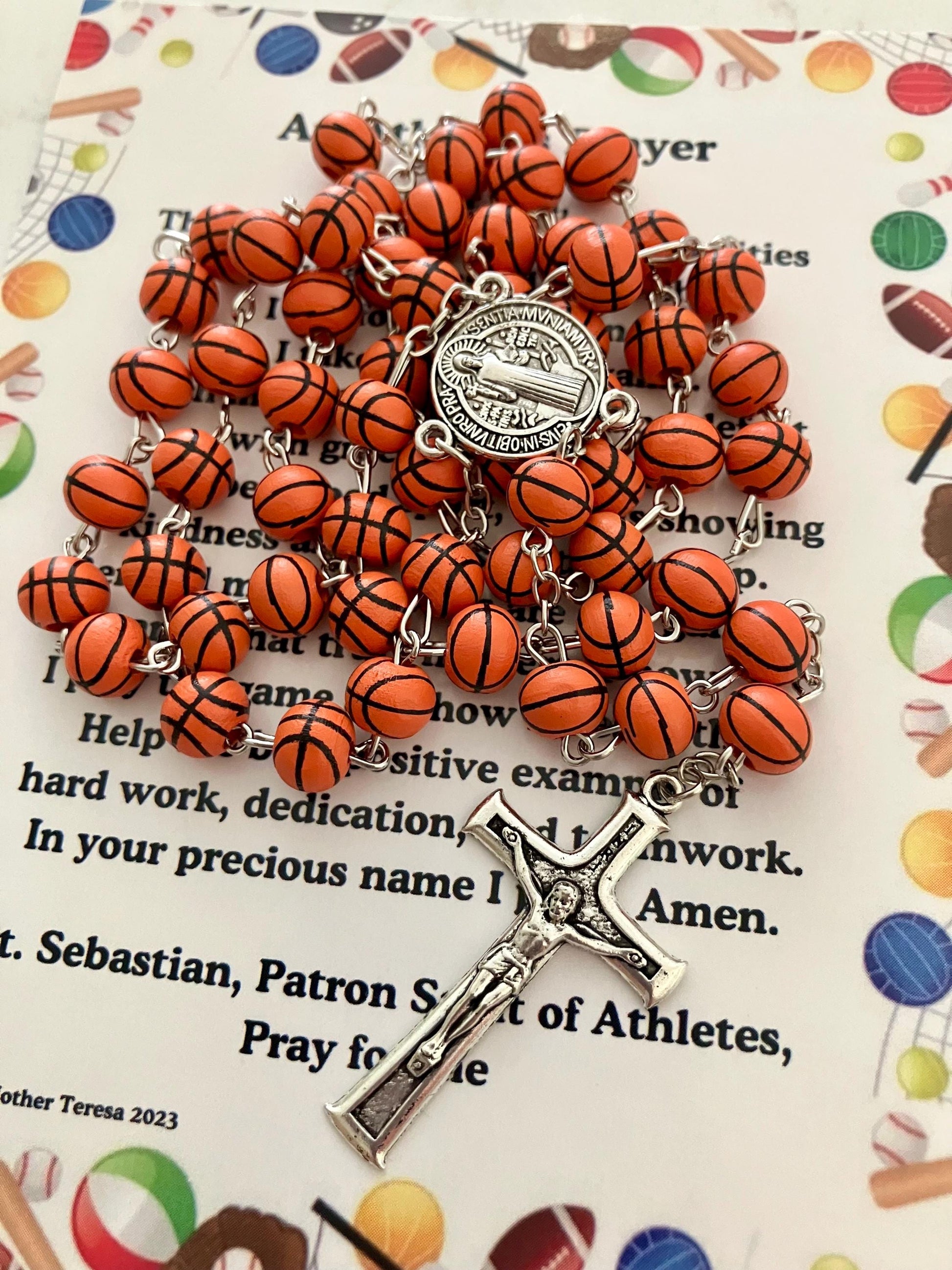 Basketball Rosary and Athlete's Prayer Card, Saint Benedict Rosary