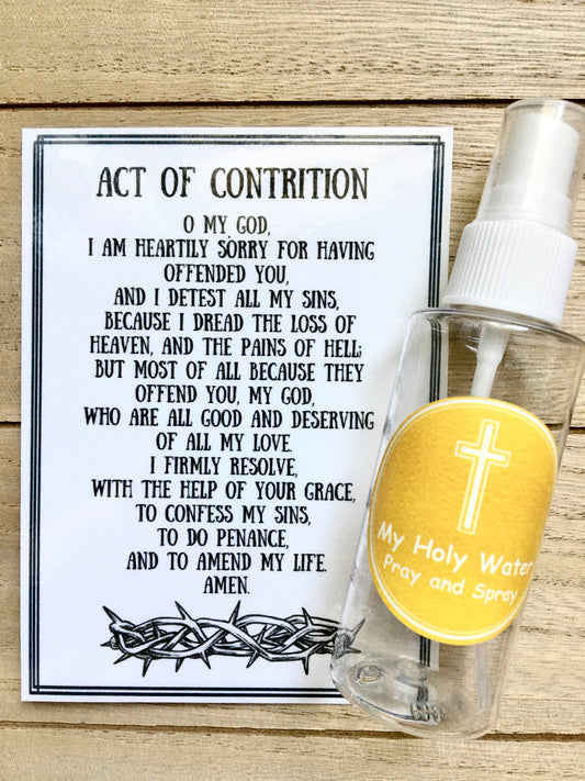 Act of Contrition Prayer Card, First Reconciliation, Holy Water Bottle