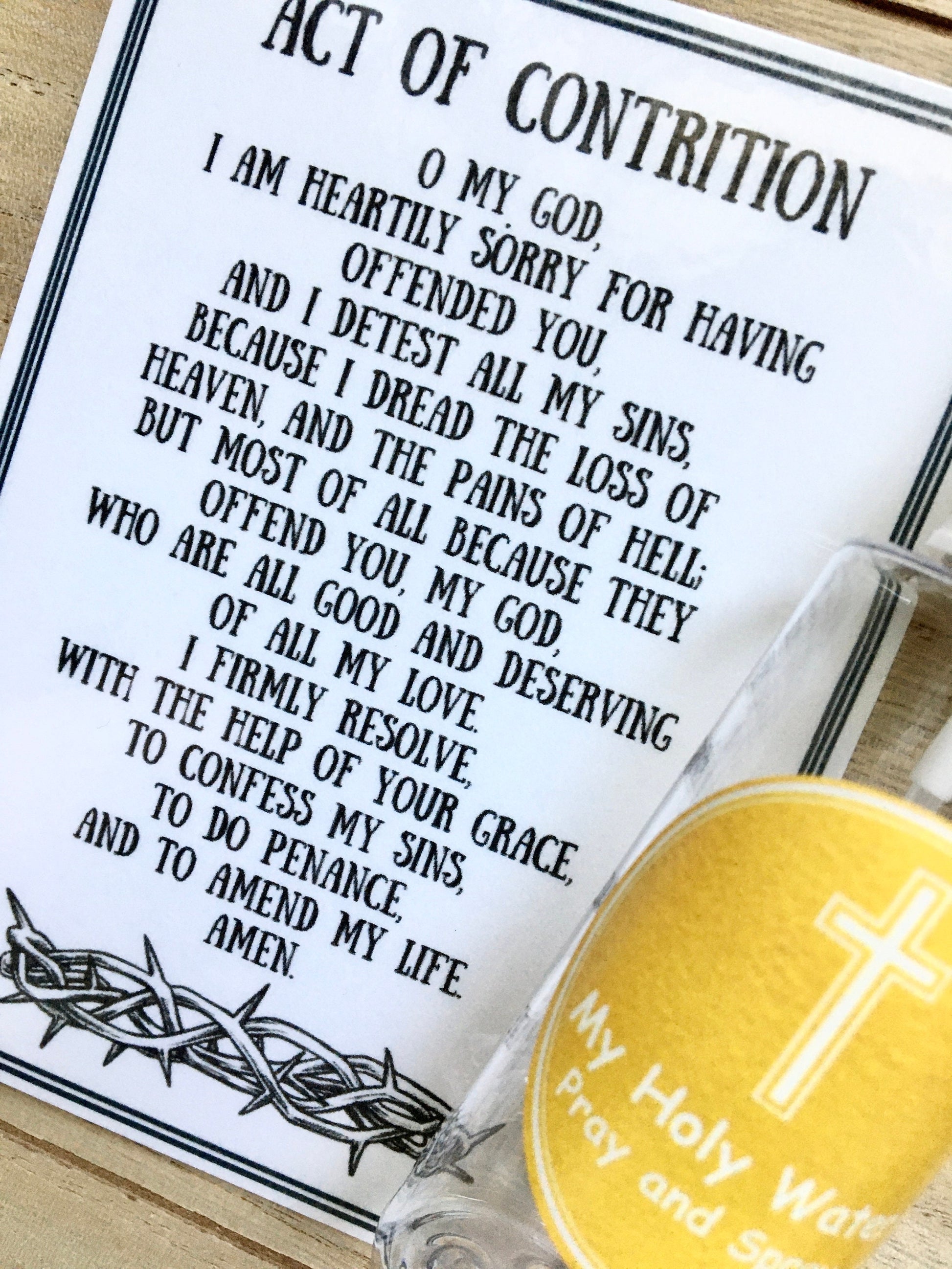 Act of Contrition Prayer Card, First Reconciliation, Holy Water Bottle